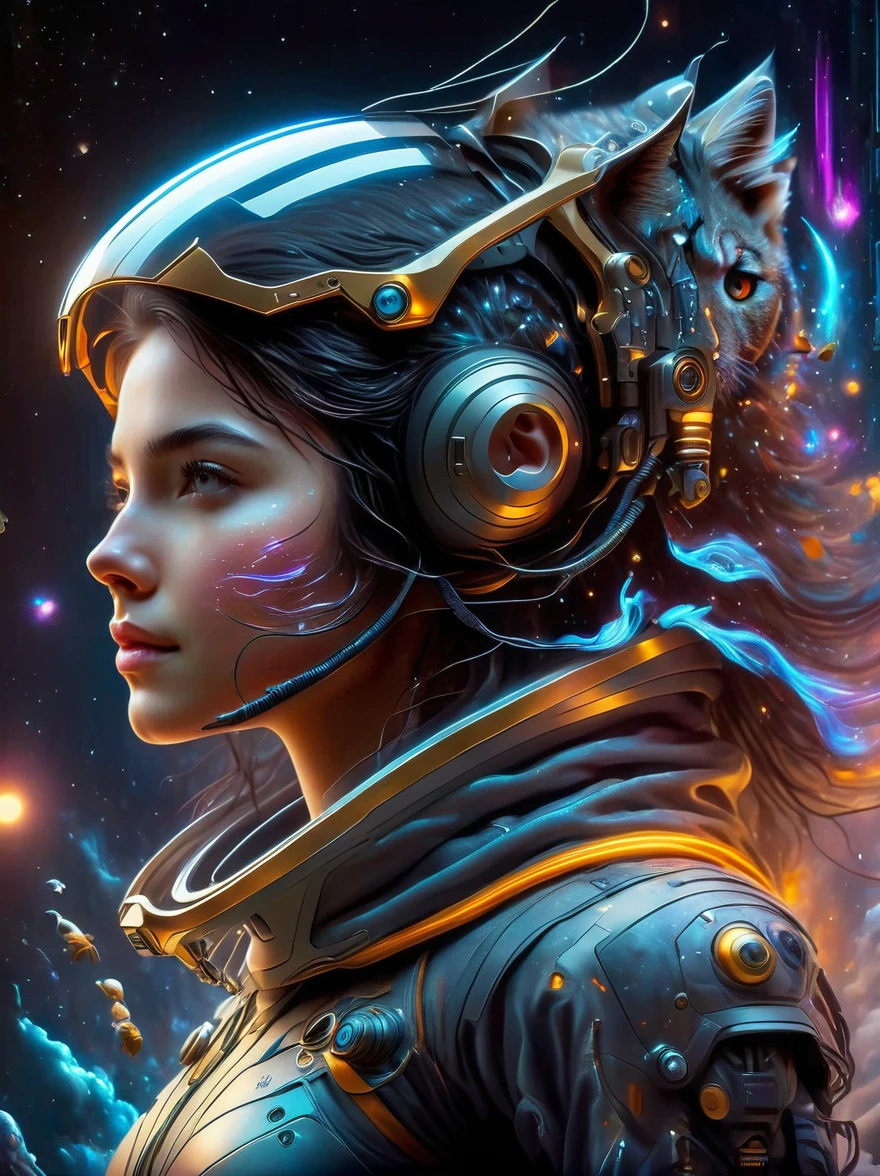 An ardent depiction of a youthful Slavic female embodied in exquisite realism, her dark hair contrasting against her sleek spacesuit. She is aboard a luminous futuristic spaceship, encapsulated by a myriad of levitating felines. Borrowing from the energetic and adventurous vibe specific to sci-fi comic books, the scene exudes a vibrant dynamism. The spaceship expresses its identity through a large insignia, 'NEOFLEX'. Adding a whimsical touch is a festively adorned Christmas tree in the backdrop. The girl expertly maneuvers a laptop, also donned with 'NEOFLEX', epitomizing her astute programming skills. The wide encompassing view, analogous to that captured by a wide-angle Nikon D850, immerses the viewer in this captivating space odyssey.