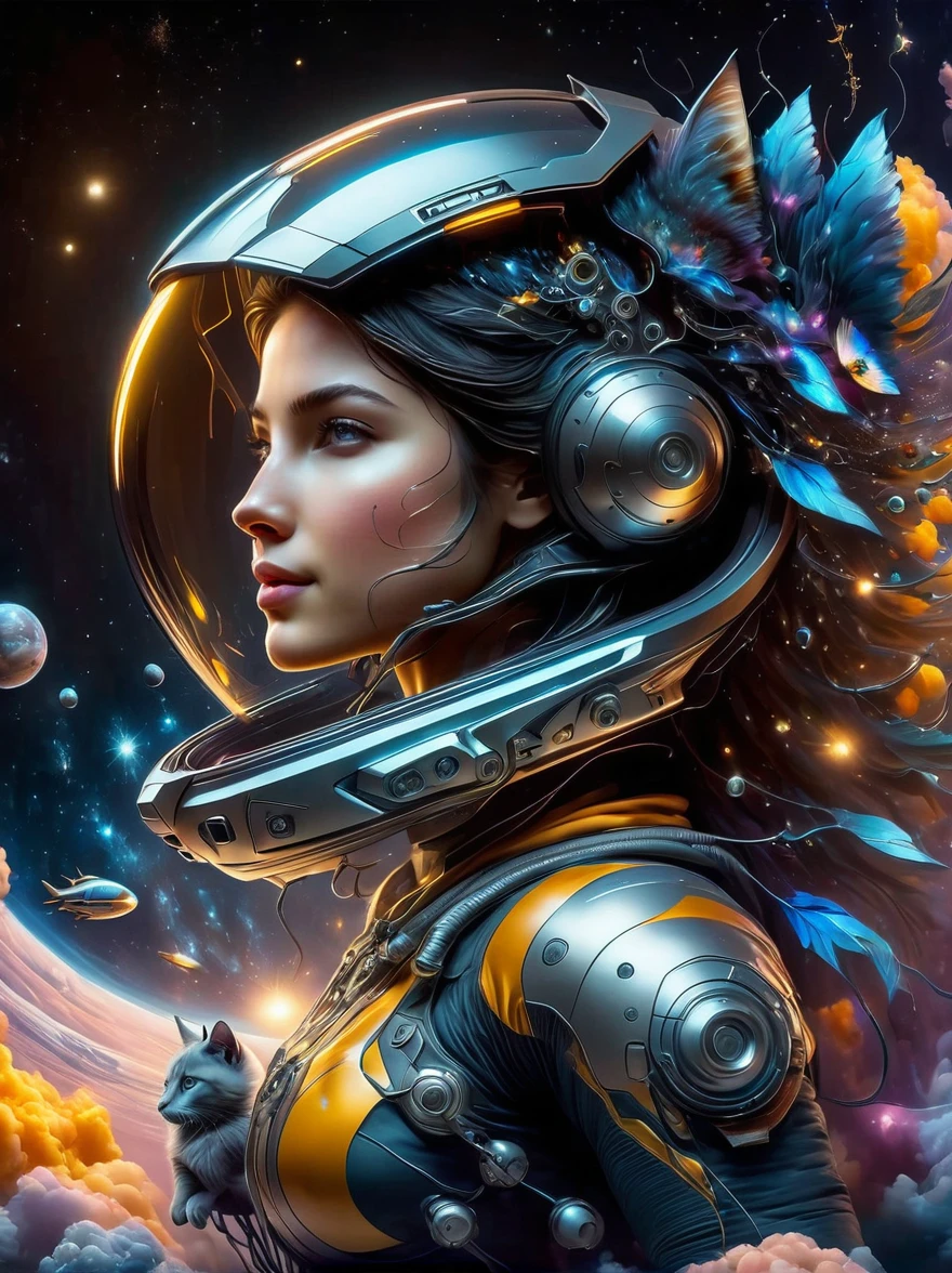 An ardent depiction of a youthful Slavic female embodied in exquisite realism, her dark hair contrasting against her sleek spacesuit. She is aboard a luminous futuristic spaceship, encapsulated by a myriad of levitating felines. Borrowing from the energetic and adventurous vibe specific to sci-fi comic books, the scene exudes a vibrant dynamism. The spaceship expresses its identity through a large insignia, 'NEOFLEX'. Adding a whimsical touch is a festively adorned Christmas tree in the backdrop. The girl expertly maneuvers a laptop, also donned with 'NEOFLEX', epitomizing her astute programming skills. The wide encompassing view, analogous to that captured by a wide-angle Nikon D850, immerses the viewer in this captivating space odyssey.