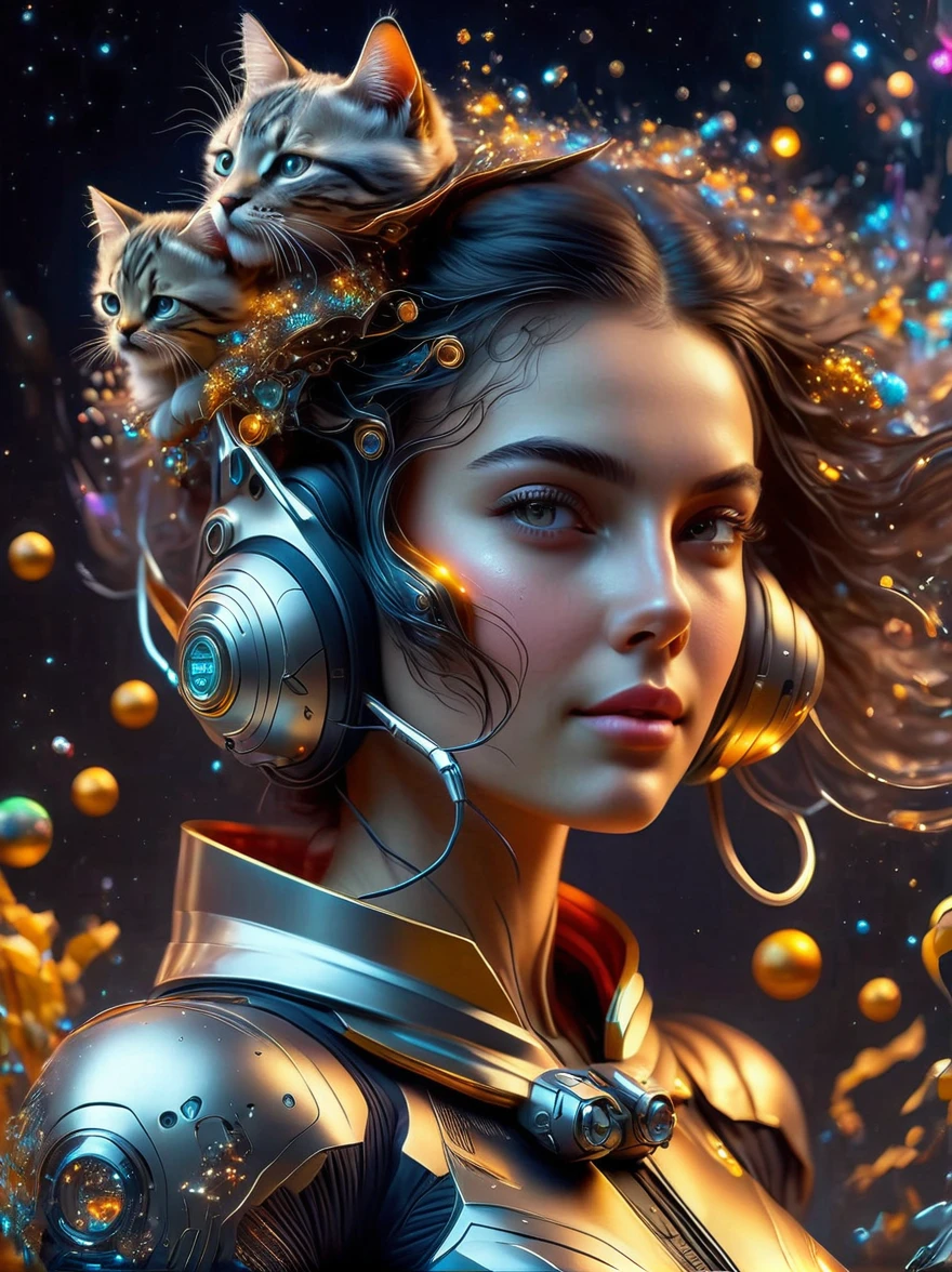 An ardent depiction of a youthful Slavic female embodied in exquisite realism, her dark hair contrasting against her sleek spacesuit. She is aboard a luminous futuristic spaceship, encapsulated by a myriad of levitating felines. Borrowing from the energetic and adventurous vibe specific to sci-fi comic books, the scene exudes a vibrant dynamism. The spaceship expresses its identity through a large insignia, 'NEOFLEX'. Adding a whimsical touch is a festively adorned Christmas tree in the backdrop. The girl expertly maneuvers a laptop, also donned with 'NEOFLEX', epitomizing her astute programming skills. The wide encompassing view, analogous to that captured by a wide-angle Nikon D850, immerses the viewer in this captivating space odyssey.