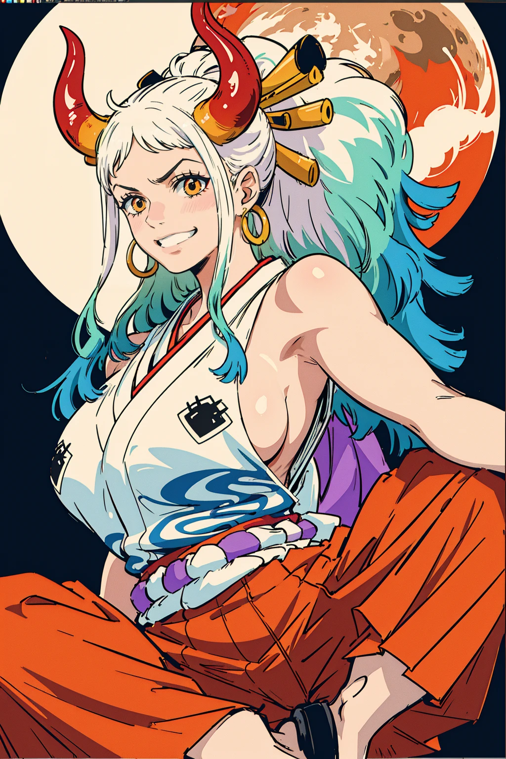 ultra realistic 8k cg, masterpiece, ((ultra detailed background, delicate pattern, intricate detail)), (highly detailed, fine details), best quality, (photorealistic:1.4),beautiful lighting, absurdres, RAW photo, film grain, ((Big breasts, Masculine girl)), Yamato, long hair, 1girl, horns, white hair, solo, oni, red horns, curled horns, hair ornament, (multicolored horns), jewelry, earrings, japanese clothes, kimono, hair stick, sleeveless, bare shoulders, aqua hair, sidelocks, hoop earrings, hakama, smile, wide smile, ((orange eyes, Masculine girl, Big breasts)), (complex detailed background, barren land, moon, portrait, close-up),a woman in a nappy plays with a dildo in her face, 1girl, mouth mask, solo, mask, phone, object insertion, v, pussy, anal, anal object insertion, holding phone, pubic hair, cellphone, thighhighs, female pubic hair, lying, black hair, smartphone, shoes, on back, white thighhighs, sex toy, stuffed toy, anus, holding, selfie, feet, looking at viewer