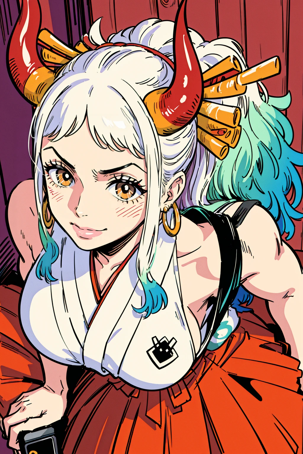 ultra realistic 8k cg, masterpiece, ((ultra detailed background, delicate pattern, intricate detail)), (highly detailed, fine details), best quality, (photorealistic:1.4),beautiful lighting, absurdres, RAW photo, film grain, ((Big breasts, Masculine girl)), Yamato, long hair, 1girl, horns, white hair, solo, oni, red horns, curled horns, hair ornament, (multicolored horns), jewelry, earrings, japanese clothes, kimono, hair stick, sleeveless, bare shoulders, aqua hair, sidelocks, hoop earrings, hakama, smile, wide smile, ((orange eyes, Masculine girl, Big breasts)), (complex detailed background, barren land, moon, portrait, close-up),a woman in a nappy plays with a dildo in her face, 1girl, mouth mask, solo, mask, phone, object insertion, v, pussy, anal, anal object insertion, holding phone, pubic hair, cellphone, thighhighs, female pubic hair, lying, black hair, smartphone, shoes, on back, white thighhighs, sex toy, stuffed toy, anus, holding, selfie, feet, looking at viewer