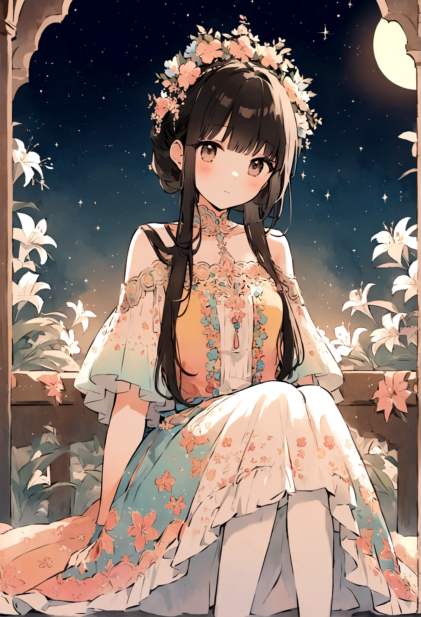 flirty,Starlit Spectacular,Starlit Pathway,Moonlight Falls,prism len,prism lens,a cute gal,pastelcolor illustration drawn with a warm and delicate touch,Ethereal  character, black hair,sitting , She wears a traditional colorful dress with delicate, vivid embroidery and lace,