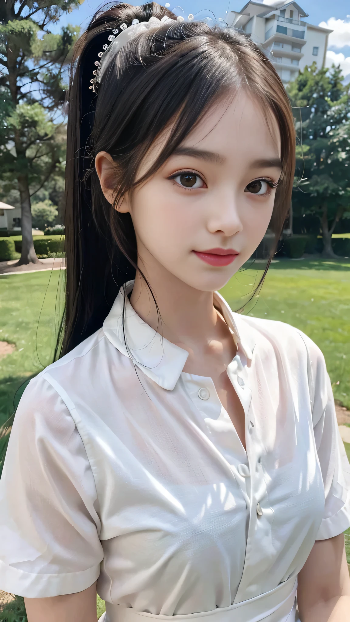 collared dress,European park,On the lawn,One woman,masutepiece, The highest image quality, High quality, the background is clear,Beautiful woman, Japanese,Ultra-detailed, finely detail, hight resolution, 8K Wallpaper, Perfect dynamic composition, Beautiful detailed eyes , Detailed, Detailed eyes, Detailed skin, Beautiful skin, 超hight resolution, (reality: 1.4),Very beautiful woman, Slightly younger face, Beautiful skin, slender, (Ultra photo realsisim), (hight resolution), (8K), (Very detailed) (beautifully detailed eyes), (super detailed), (Detailed face), view the viewer, Fine details, Detailed face, Staring straight ahead, Staring straight ahead, photos realistic, Bright lighting, Professional Lighting, Black hair,poneyTail,a baby face,sixteen years old,Hairstyle: ponytail,Long ponytail hairstyle,slight smile,neat and tidy clothing,Beautiful Japanese KPOP idol photo, hair style is ponytail, my eyes are double and wide, baby face, smile and look straight ahead, slender, small breasts,Close up face,