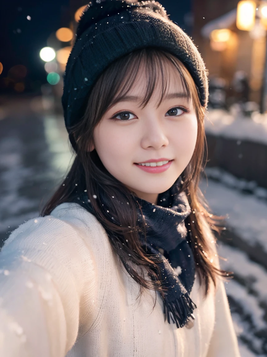 (Upper body selfie:1.3)、Winter street corner、A beautiful night view with falling snow as a backdrop、illumination shines、Remove the beam from above、In artificial light、Generate images of beautiful women from around the world、Especially while reflecting elements of Western beauty。A woman with a natural smile and attractive facial expression、Clear skin、Shining Eyes、Expressing a romantic atmosphere。alone、Wool coat、Scarf、Knit cap、gloves、boots、Silent snow、(8K quality、Tabletop、Highest quality、Ultra-high resolution output images)、(Highly detailed RAW photos:1.3)、(Picture Mode Ultra HD)