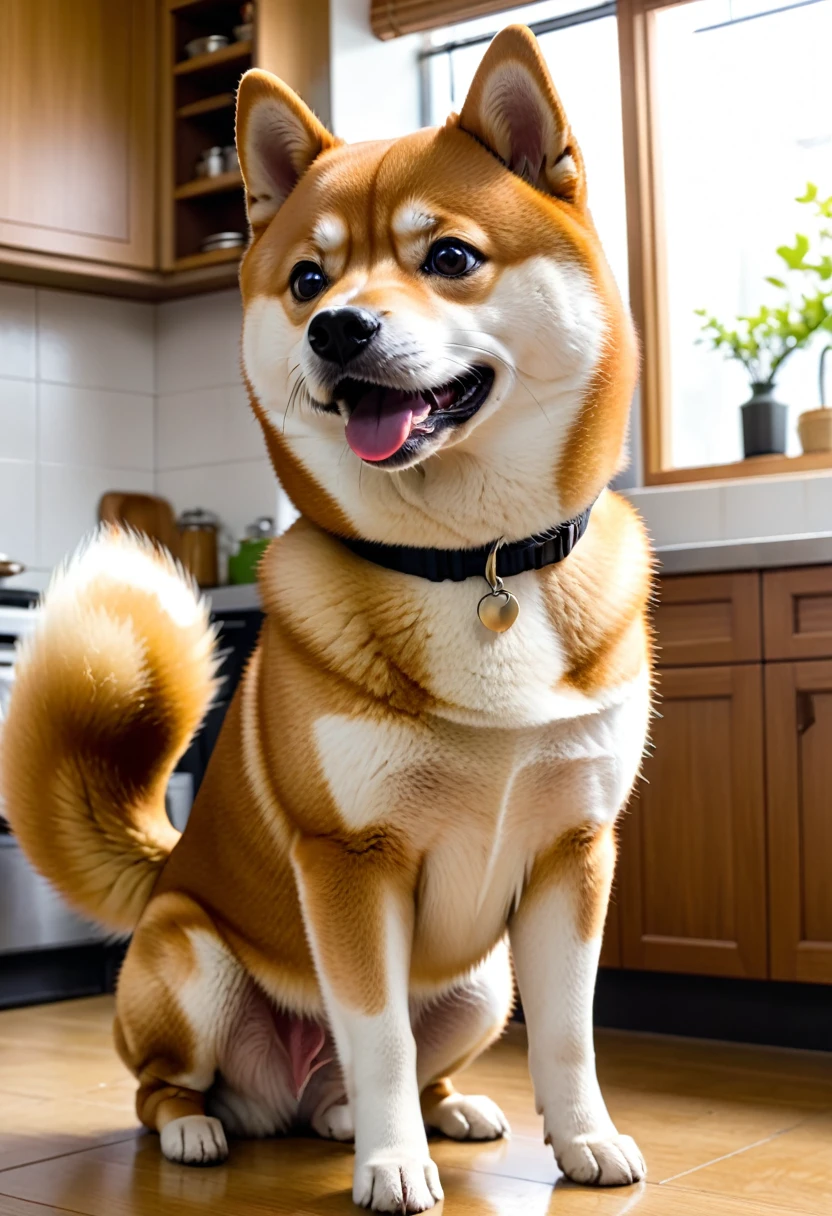 Shiba Inu waiting for a treat: Watching his owner prepare homemade treats in the kitchen、A scene of a Shiba Inu staring excitedly。Wagging his tail with expectant eyes、She can't wait, it's so cute。