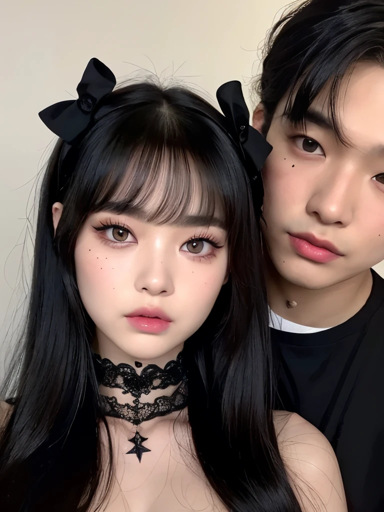 Kim Jennie with dark black hair, with curlers at the ends of dark black hair, with a star clip in her dark black hair, light colored eyes, pretty eyes, crying eyes, pretty, upturned nose, Pretty lips, pink lips, heart and cupid shaped lip, pretty skin, pale, White skin, with moles and freckles all over his face, soft pink blush on the cheeks, natural pink blush, dark and gothic makeup, Gothic Jennie, while she is with a cute boy by her side, with a cute asian boy standing next to her, while there is a man's torso, while the man'His hand is on his jaw.., beautiful man's hands, with a gothic boy, nice collars, marked collar, frown, angry look, with a kiss necklace, a pretty kiss necklace, while her nipples are noticeable (big breasts, soft breasts, nice breasts, natural breasts), with a white dress, short and transparent dress, with a white dress transparente muy sexy, lingerie style, low-cut dress, visible on the nipple, with a boy by his side, with her boyfriend, looking to the camera, autophoto