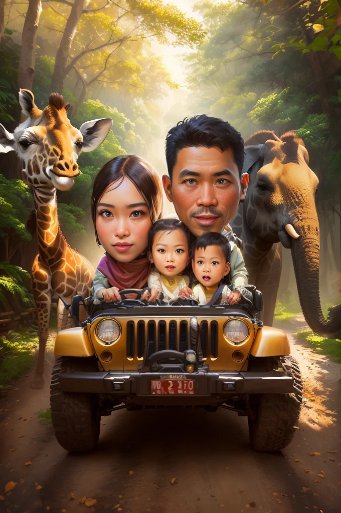 there is a picture of a family in a jeep with a giraffe And elephants , realistic cartoon, an indonesian family portrait, caricature illustration, in cartoon style, cartoon digital art, digital art cartoon, cartoon artstyle, cartoon art, cartoon digital painting, digital cartoon painting art, cartoon art style, cartoon painting, potrait, cartoon style illustration, caricature style, photorealistic!!!!!!! art style
