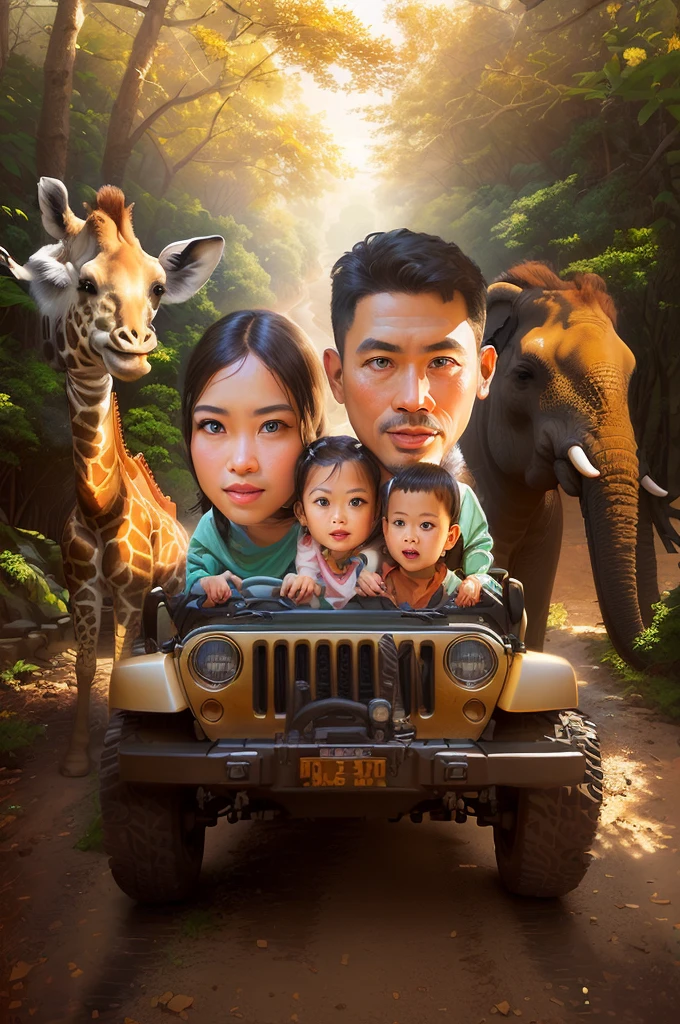 there is a picture of a family in a jeep with a giraffe And elephants , realistic cartoon, an indonesian family portrait, caricature illustration, in cartoon style, cartoon digital art, digital art cartoon, cartoon artstyle, cartoon art, cartoon digital painting, digital cartoon painting art, cartoon art style, cartoon painting, potrait, cartoon style illustration, caricature style, photorealistic!!!!!!! art style