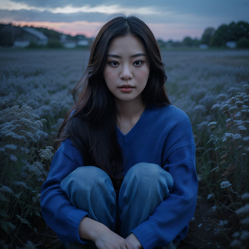 real potrait, full body, Longshot, a Korean woman with long hair wearing a blue sweater, wear trousers, wearing red shoes, sitting on a field full of weeds, evening sky, face facing forward, intricate details