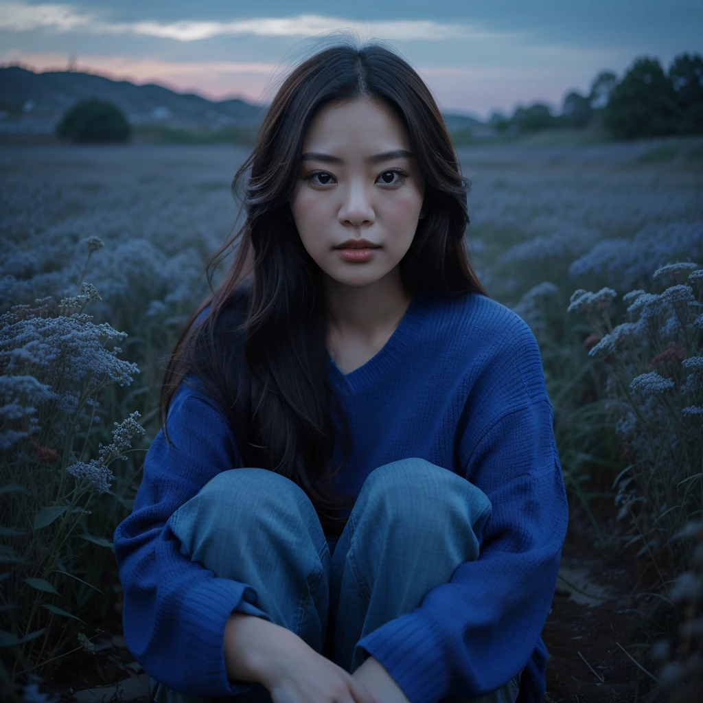 real potrait, full body, Longshot, a Korean woman with long hair wearing a blue sweater, wear trousers, wearing red shoes, sitting on a field full of weeds, evening sky, face facing forward, intricate details