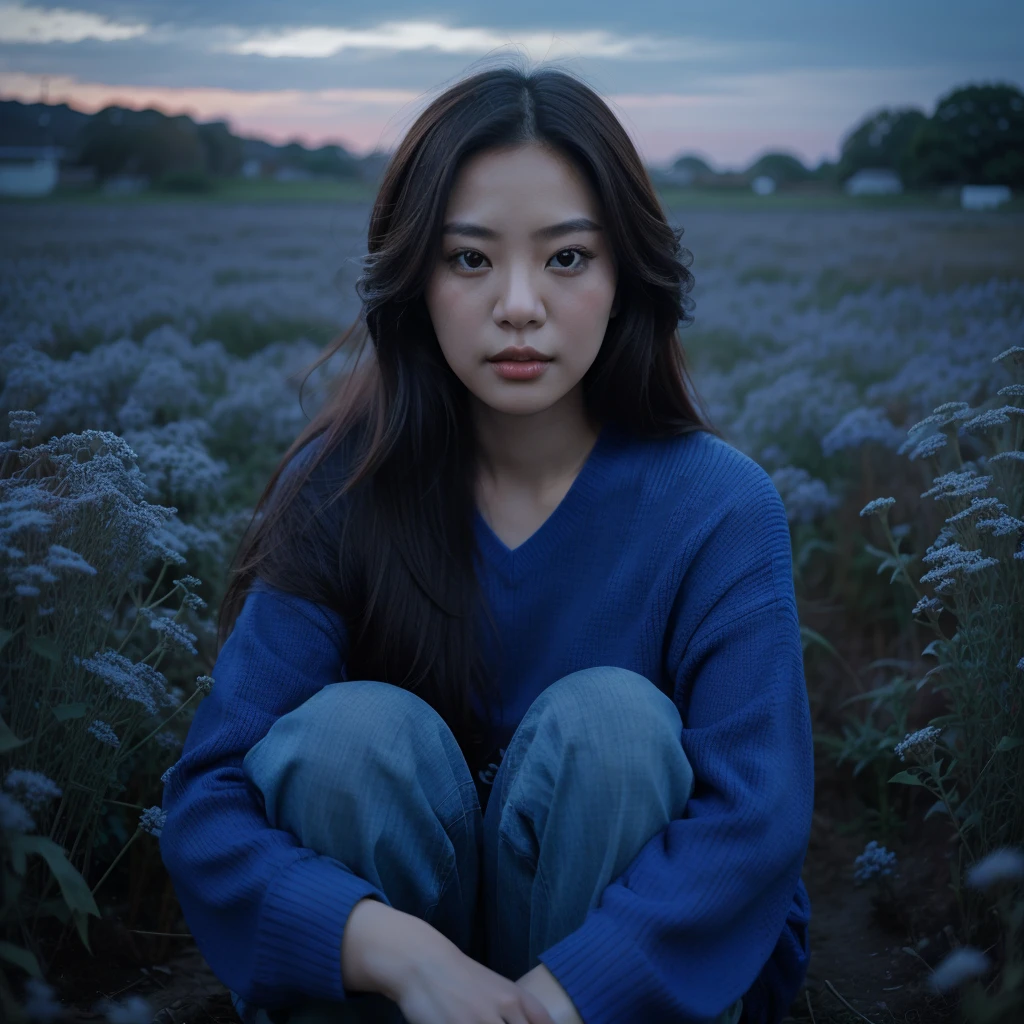 real potrait, full body, Longshot, a Korean woman with long hair wearing a blue sweater, wear trousers, wearing red shoes, sitting on a field full of weeds, evening sky, face facing forward, intricate details