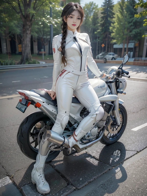 (realistic:1.5), (realistic:1.4), 8K, Ultra-high-definition beauty 1 person, intricate body details, (highest quality: 1.0), (Super high sharpness: 1.0), (thin hair:1.4),(Beautiful and delicate depiction of eyes),((((riding a motorcycle)))),unreal engine:1.4,photorealistic:1.4, skin texture:1.4, masterpiece:1.8,highest quality at best, ((full body shot))、(((White rider suit, long leather pants and racing boots)))、long limbs、smile、((braided hair))