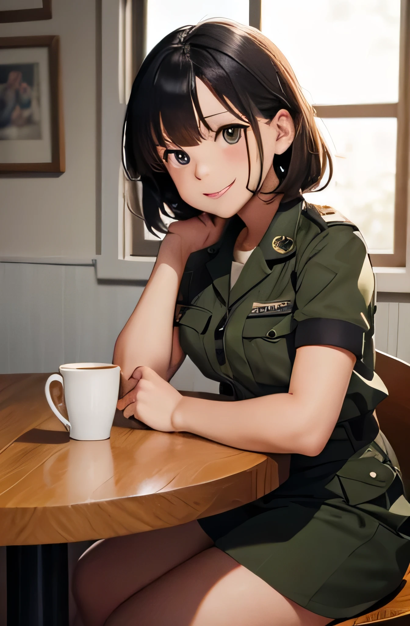 Girl in combat uniform,summer,Short sleeve,smile,Round table,Sit down,Drink coffee,8K, Highest quality, masterpiece