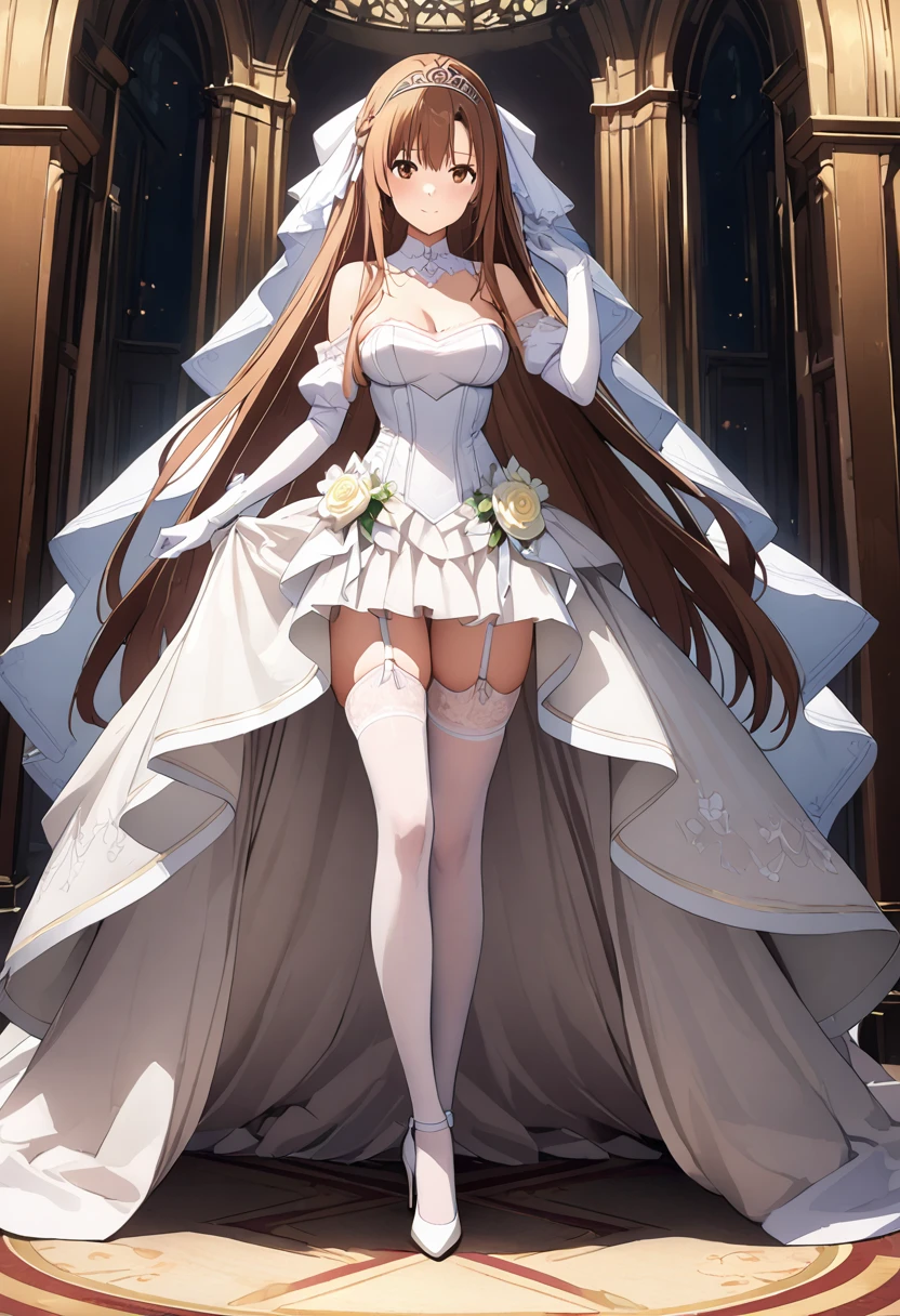 Highest quality、Super detailed、High resolution illustrations、Ultra-high-definition CG、８k size wallpaper、Production Art、Light novel illustrations、（１People Girls)、asuna yuuki, long hair, bangs, brown hair, brown eyes, very long hair, braid, Bare shoulders, Removable sleeves, gloves, white gloves, Wedding Veil、tiara、Bell line wedding dress, White Dress, garter belt、Long skirt、stockings、White stiletto heels、Full Body