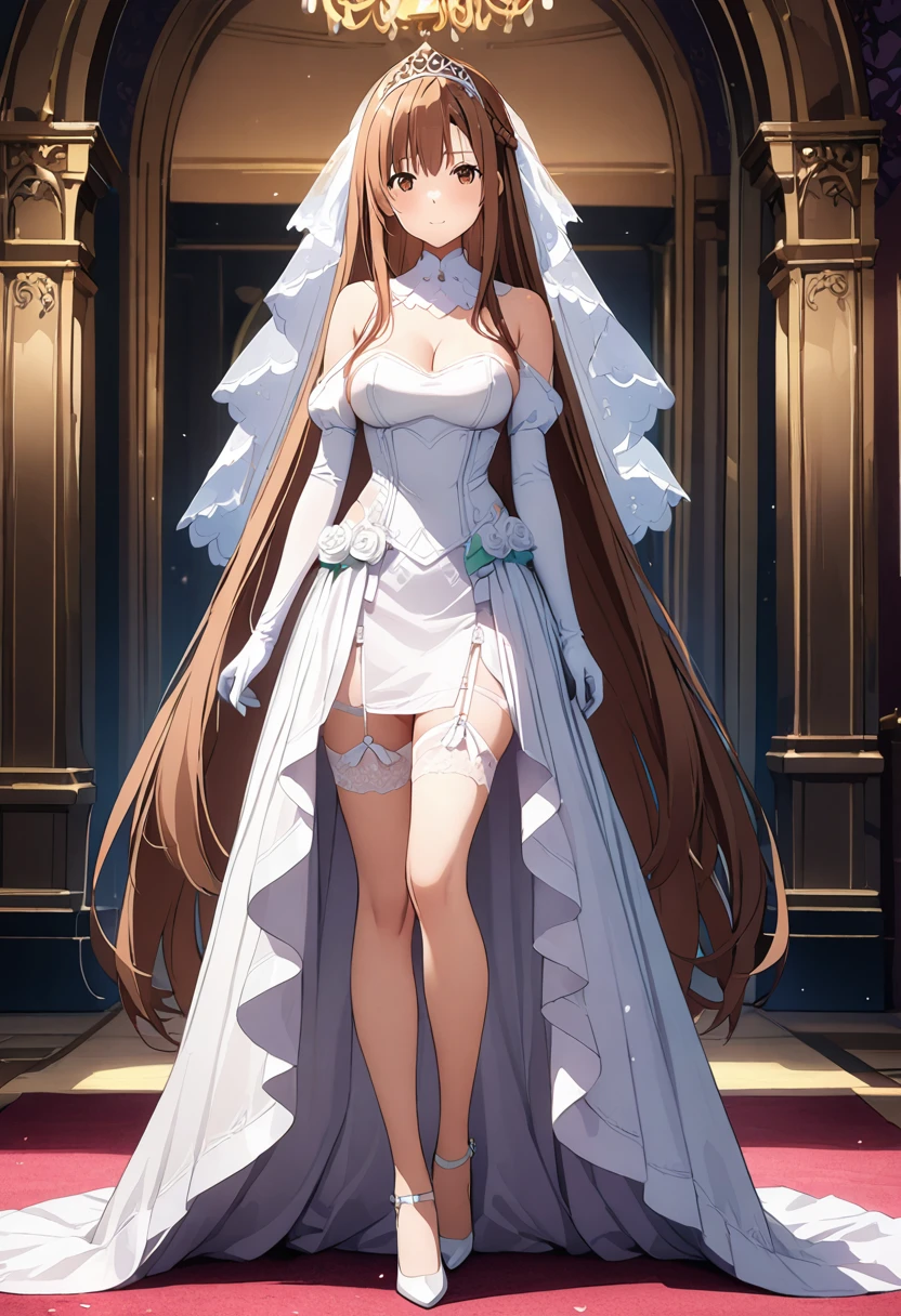 Highest quality、Super detailed、High resolution illustrations、Ultra-high-definition CG、８k size wallpaper、Production Art、Light novel illustrations、（１People Girls)、asuna yuuki, long hair, bangs, brown hair, brown eyes, very long hair, braid, Bare shoulders, Removable sleeves, gloves, white gloves, Wedding Veil、tiara、Bell line wedding dress, White Dress, garter belt、Long skirt、stockings、White stiletto heels、Full Body