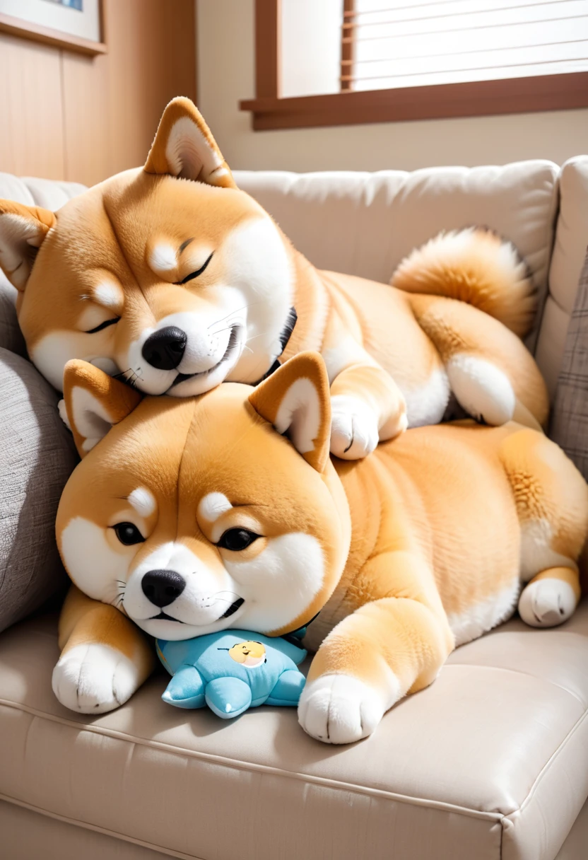 Nap with stuffed toy: Hugging my favorite stuffed animal、A scene of a Shiba Inu taking a nap on the sofa。With a relieved expression、The way he sleeps with his face buried in his stuffed toy is adorable.。