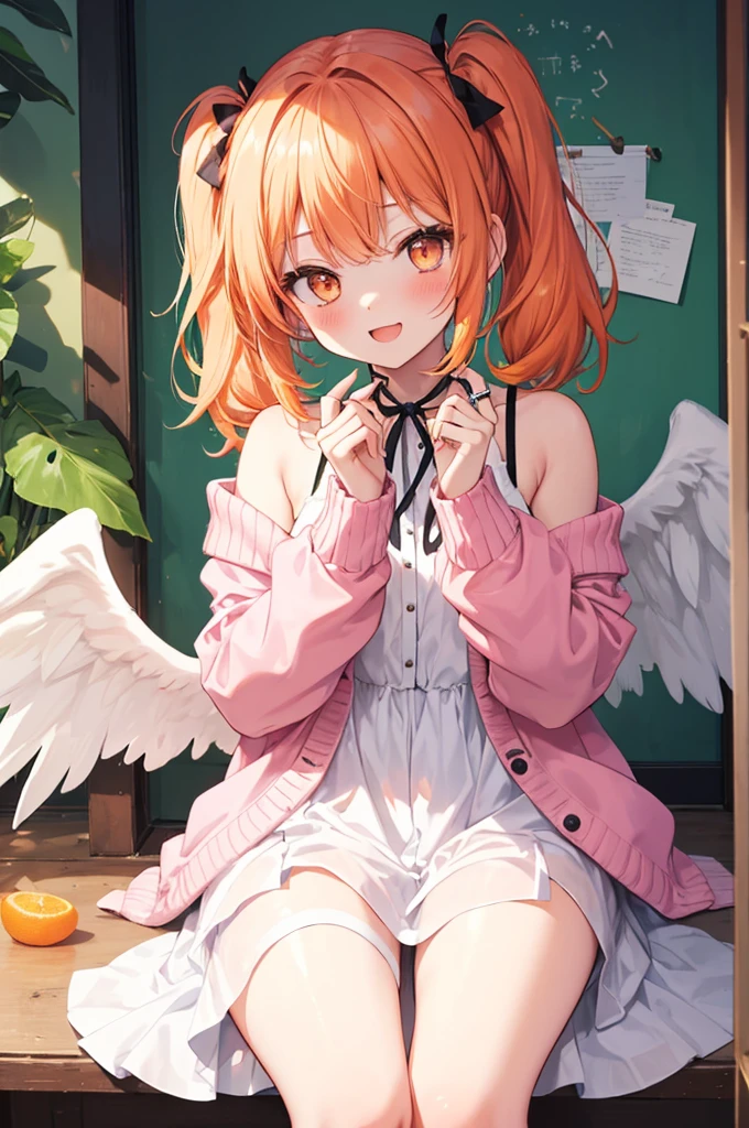 orange hair, orange eyes,girl,Pigtails with the ends tied up,laugh,panties,light and cute,halterneck,White dress,pink cardigan,Nissocks,Angel Wings,angel ring