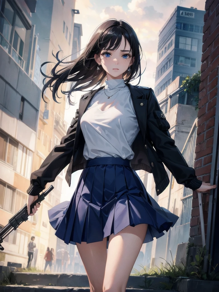absurdres, RAW photo, extremely delicate and beautiful, masterpiece, Best Quality, ultra high resolution, 32k, hyperrealistic, ultra-detailed, in her 20s, delicate facial features, tearful mole, earring, medium breasts, full body shot, shorter middle hair, black hair, long sleeves, jacket, weapon, outdoors, holding weapon, blue skirt, holding gun, rifle,