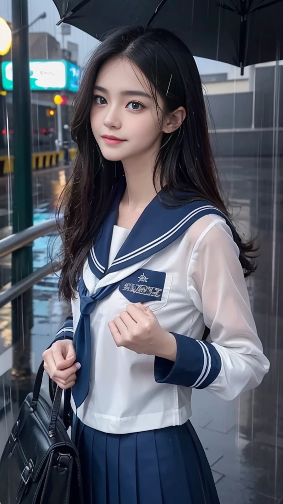 (RAW shooting, Photoreal:1.5, 8k, highest quality, masterpiece, ultra high resolution), perfect dynamic composition:1.2, street corner at night, look up at the sky:1.3, (((Typhoon heavy rain))), Highly detailed skin and facial textures:1.2, Slim high school girl wet in the rain:1.3, sexy beauty, perfect style:1.2, beautiful and aesthetic, Fair skin, very beautiful face, (rain drips all over my body:1.2, wet hair:1.4, wet uniform:1.2), water droplets on the skin, (Medium chest, Chest gap), (embarrassing smile, The expression on your face when you feel intense caress, Facial expression when feeling pleasure), (beautiful blue eyes, Eyes that feel beautiful eros:0.8), (Too erotic:0.9, Bewitching:0.9), cowboy shot, student bag, perfect limbs, perfect fingers