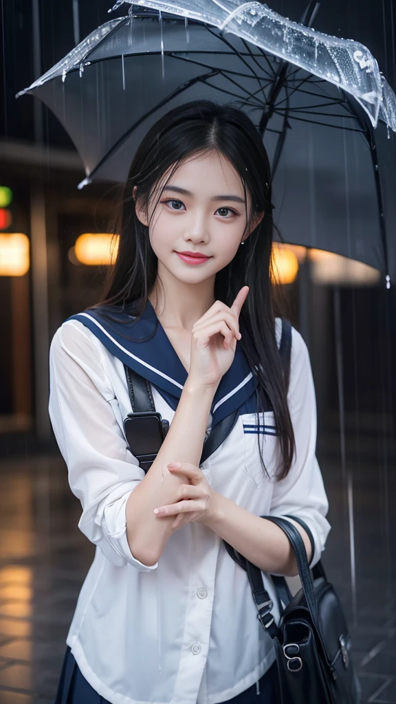 (RAW shooting, Photoreal:1.5, 8k, highest quality, masterpiece, ultra high resolution), perfect dynamic composition:1.2, street corner at night, look up at the sky:1.3, (((Typhoon heavy rain))), Highly detailed skin and facial textures:1.2, Slim high school girl wet in the rain:1.3, sexy beauty, perfect style:1.2, beautiful and aesthetic, Fair skin, very beautiful face, (rain drips all over my body:1.2, wet hair:1.4, wet uniform:1.2), water droplets on the skin, (Medium chest, Chest gap), (embarrassing smile, The expression on your face when you feel intense caress, Facial expression when feeling pleasure), (beautiful blue eyes, Eyes that feel beautiful eros:0.8), (Too erotic:0.9, Bewitching:0.9), cowboy shot, student bag, perfect limbs, perfect fingers