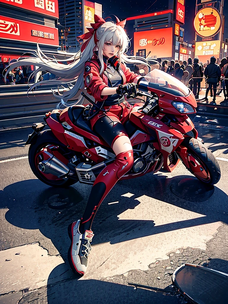 official art, unity 8k wallpaper, ultra detailed, beautiful and aesthetic, masterpiece, best quality, realistic, horns, blush, long hair, white hair, streaked hair, red eyes, hair bow, mole under eye,  red akirabike, riding bike, night, cyberpunk city view, epic screen, ,