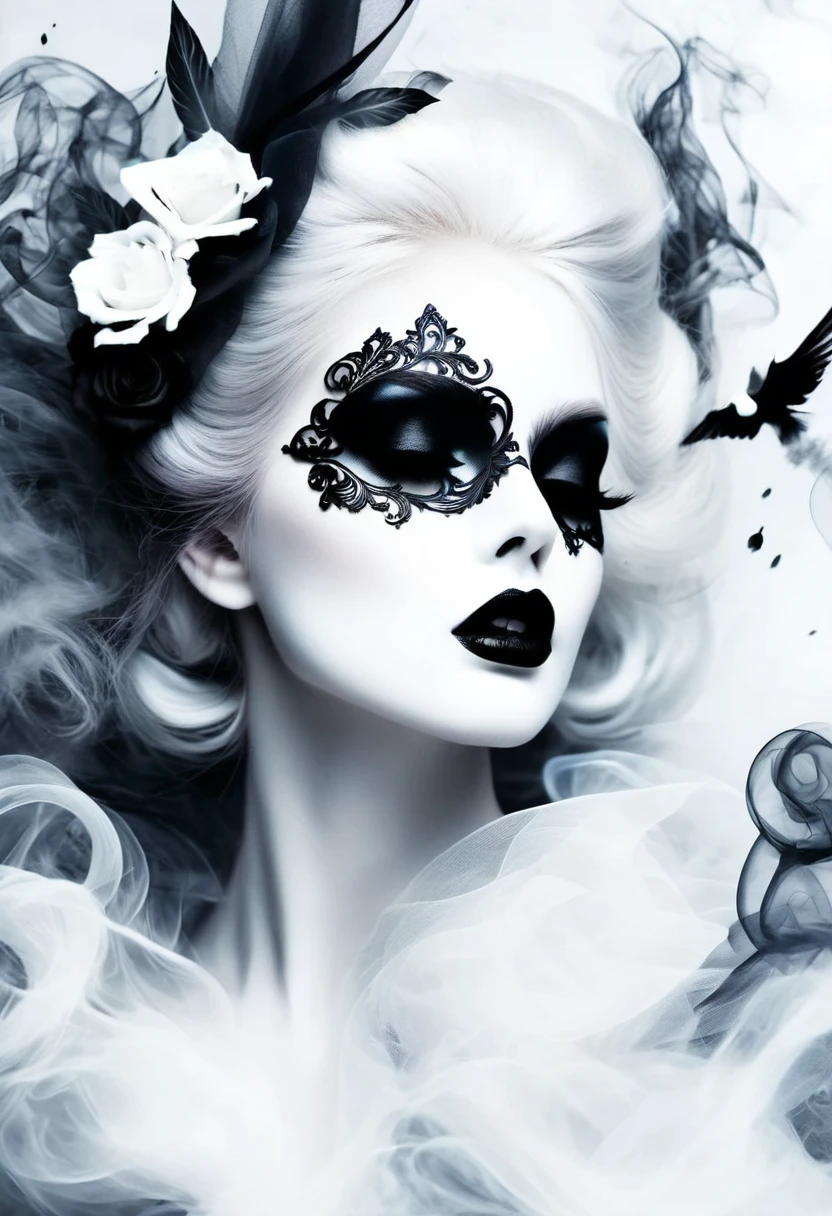 Gothic art,dream,Only a beautiful white face,Gothic Makeup,Black and white smoke drifting,Simple white background