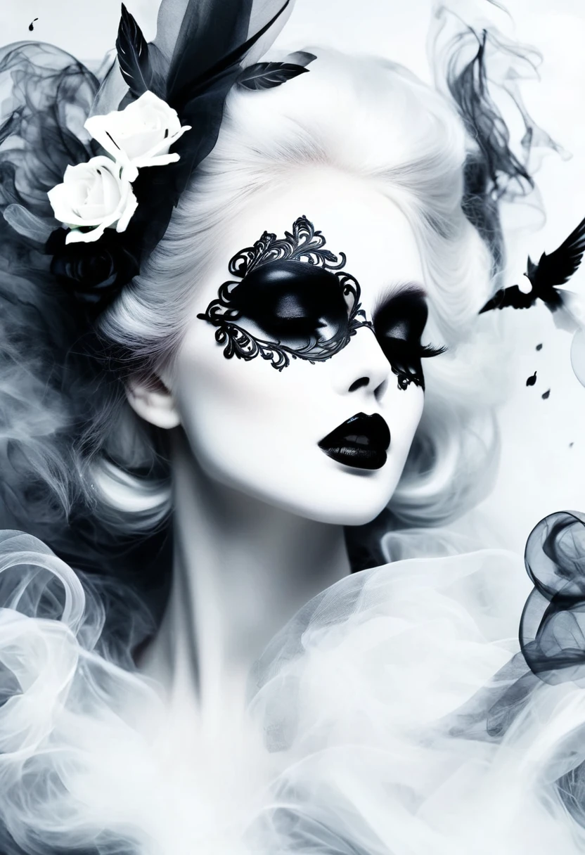 Gothic art,dream,Only a beautiful white face,Gothic Makeup,Black and white smoke drifting,Simple white background