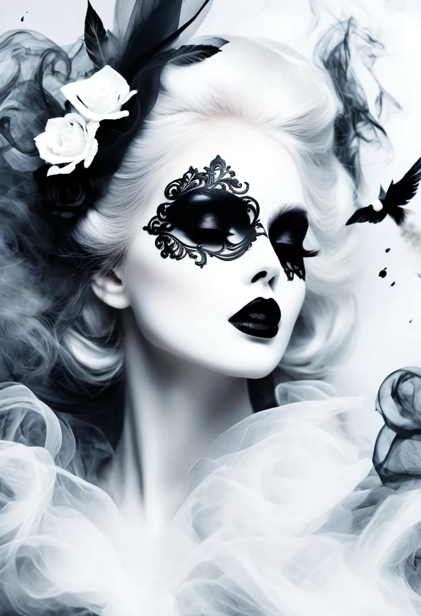 Gothic art,dream,Only a beautiful white face,Gothic Makeup,Black and white smoke drifting,Simple white background