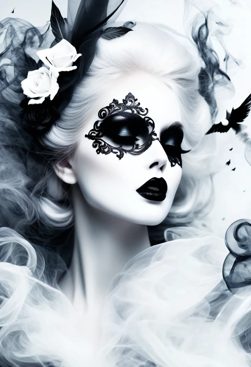 Gothic art,dream,Only a beautiful white face,Gothic Makeup,Black and white smoke drifting,Simple white background