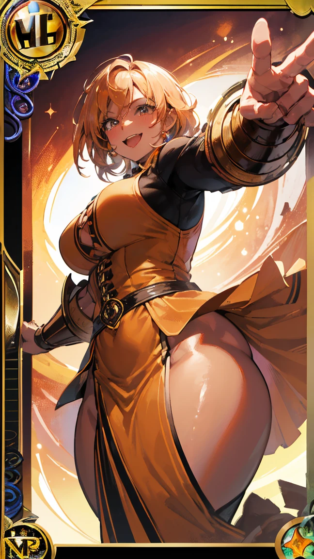 (1 mature brown amazon,Age 35), ((Pub,guild)),(smile),Dynamic pose,Dynamic Angle,Pose for a photo,From below,Elderly woman、Trading Card Game Frames、Highest Rare、Five Fingers、Signature mark、Big Butt、Yellow Hair、Gauntlet Fighting Pose Giant Axe Muscular Married Woman Wild Child Primitive costume