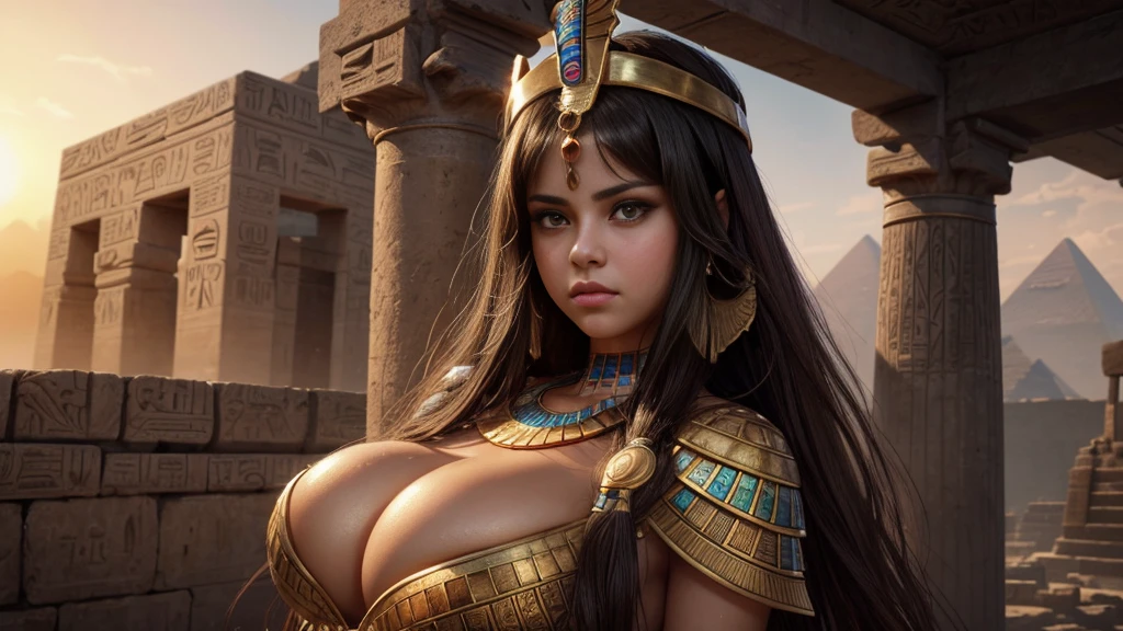 ((front view)), Selena Gomez as Cleopatra,((wearing an ancient egypt princess costume, big breasts:1.2)), ancient Egypt in background,(sunset setting:1.2), wet skin, wet red hair, photoreal render,high contrast image, rendering by octane,zbrush?character design,realisticlying,unreal-engine,ultra - detailed,concept-art,trends in art station? ((best quality)), ((masterpiece)), ((realistic)), (detailed), (brown eyes:1.2), highly detailed skin and hair, Fantasy art,stunning gradient colors,detailed back ground,extremely detaile, tmasterpiece),HDR, ally