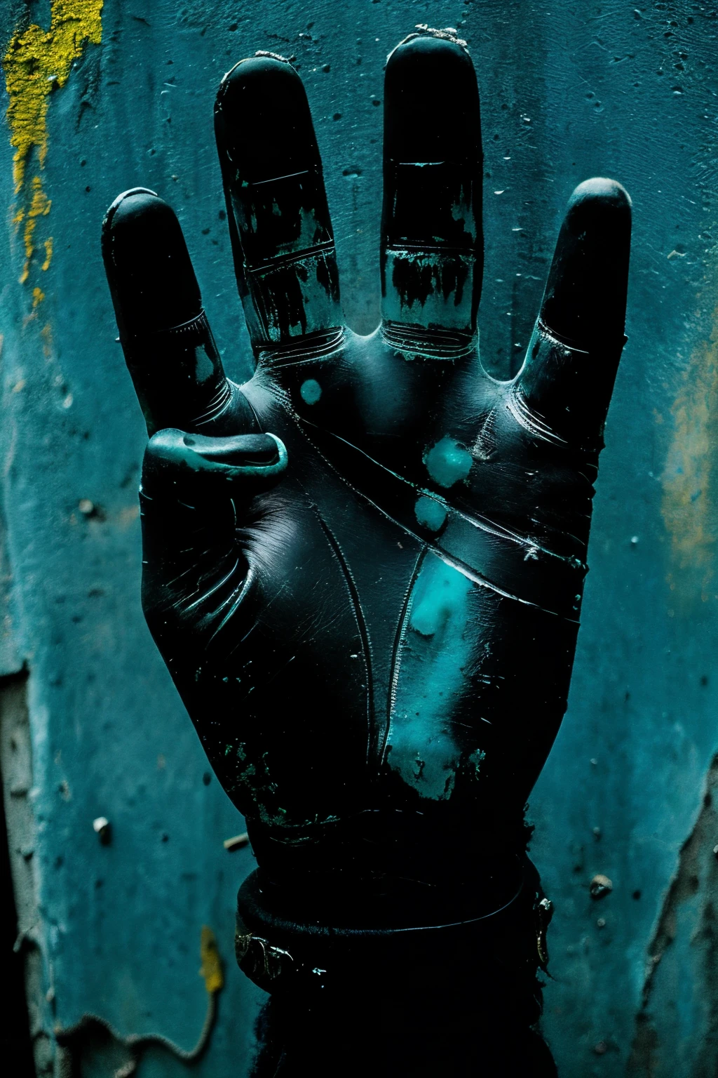 Hello, This time I require a blue hand, with only three fingers, with an ancient alien appearance, old and deteriorated. This hand should be holding a Behringer type condenser microphone. This image should have ink dripping, drops of green and black ink simulating the dripping of graffiti. Thank you
