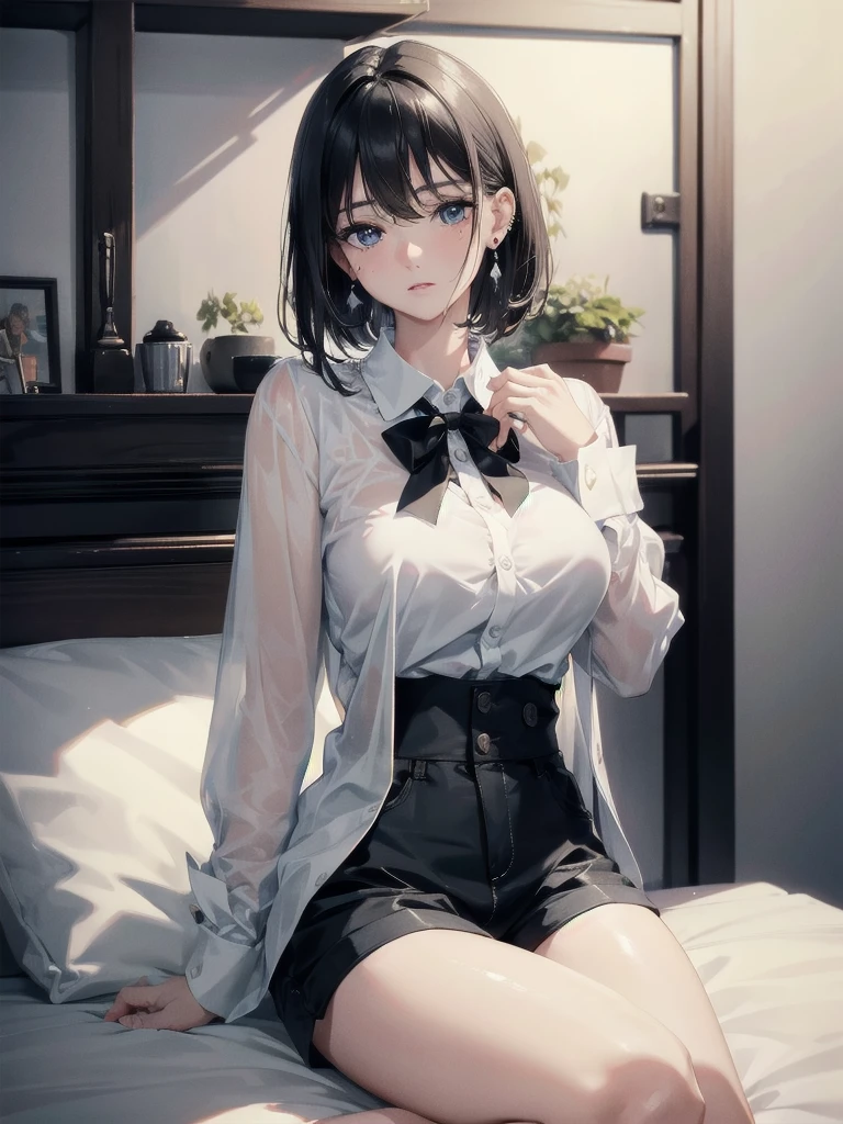 absurdres, RAW photo, extremely delicate and beautiful, masterpiece, Best Quality, ultra high resolution, 32k, hyperrealistic, ultra-detailed, in her 20s, delicate facial features, tearful mole, earring, medium breasts, full body shot, shorter middle hair, black hair, collared shirt, shorts,