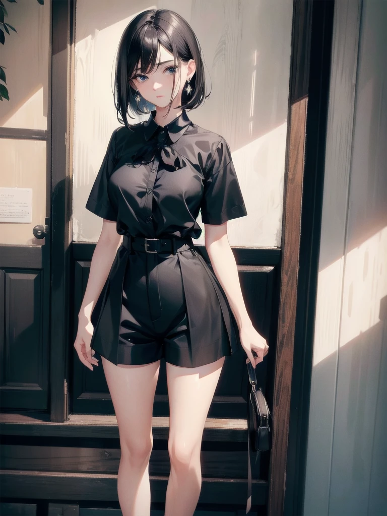absurdres, RAW photo, extremely delicate and beautiful, masterpiece, Best Quality, ultra high resolution, 32k, hyperrealistic, ultra-detailed, in her 20s, delicate facial features, tearful mole, earring, medium breasts, full body shot, shorter middle hair, black hair, collared shirt, shorts,