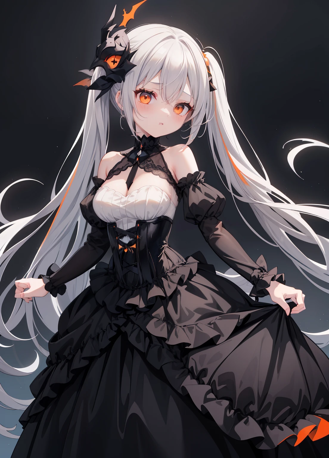 (masterpiece、Highest quality、Highest quality、Official Art、Beautiful and beautiful:1.2)、(One girl:1.3)Hatsune Miku、Twin tails,Beautiful breasts,((orange and white hair)),(Short Straight Hair),((She is wearing a mask like one would wear at a masquerade ball.........)),((Eye covering mask)),((Show off your body line beautifully、One-piece dress with a flowing silhouette.,orange and silver and black dress)),(Flared sleeves),((corset)),((The hem of the dress is long enough to reach the ground.)),(A chaotic worldview mixed with black, orange and silver),(Tartarus),(Hellish world),((abyss)),((Have the hem of the dress、please accept me as a nobleman&#39;Daughter of....)),(Sad face),((The hem of the dress sways as if dancing........))