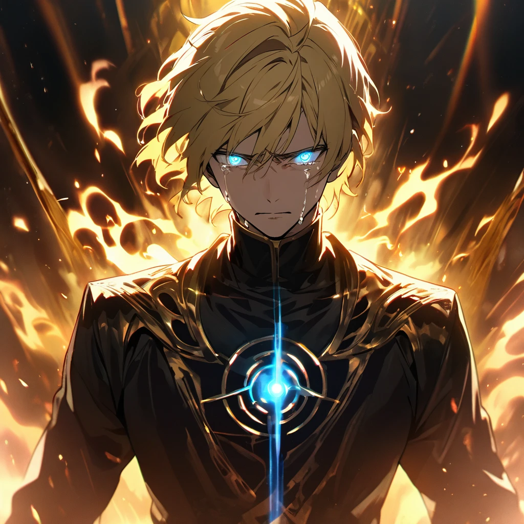 male, solo, handsome, blond hair, god, god eyes, glowing eyes, light, aura, holo, golden, crying
