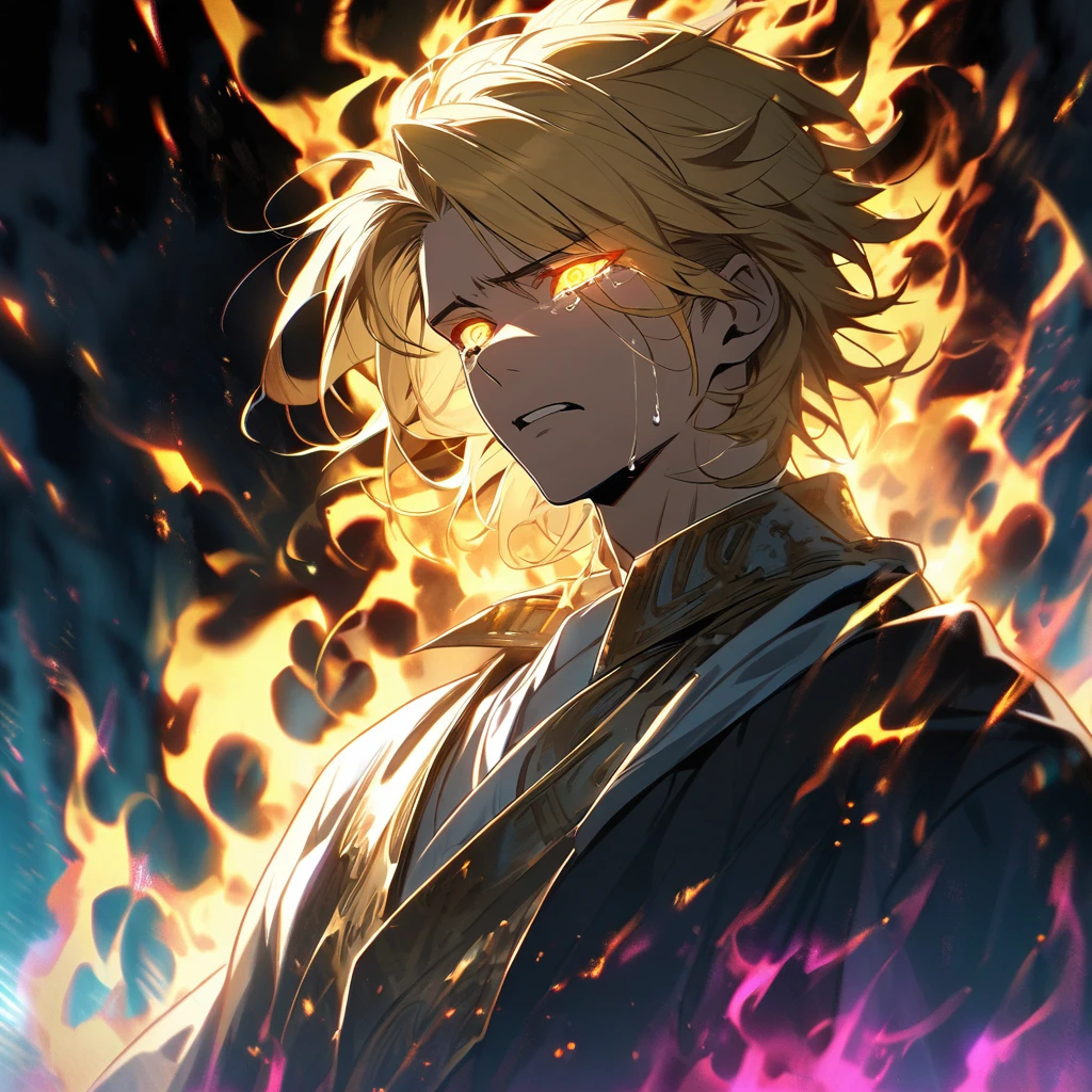 male, solo, handsome, blond hair, god, god eyes, glowing eyes, light, aura, holo, golden, crying