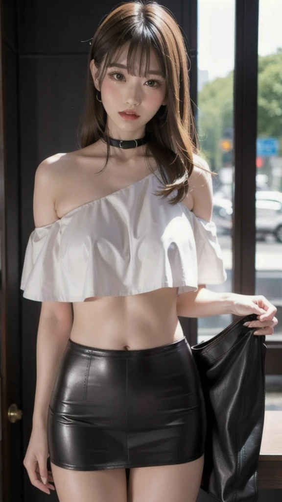 Taiwanese women,Female Model,Slim,Good shape,big breasts,HD, off-shoulder Crop top , leather mini skirt,under knee boots,blond,whole body photo