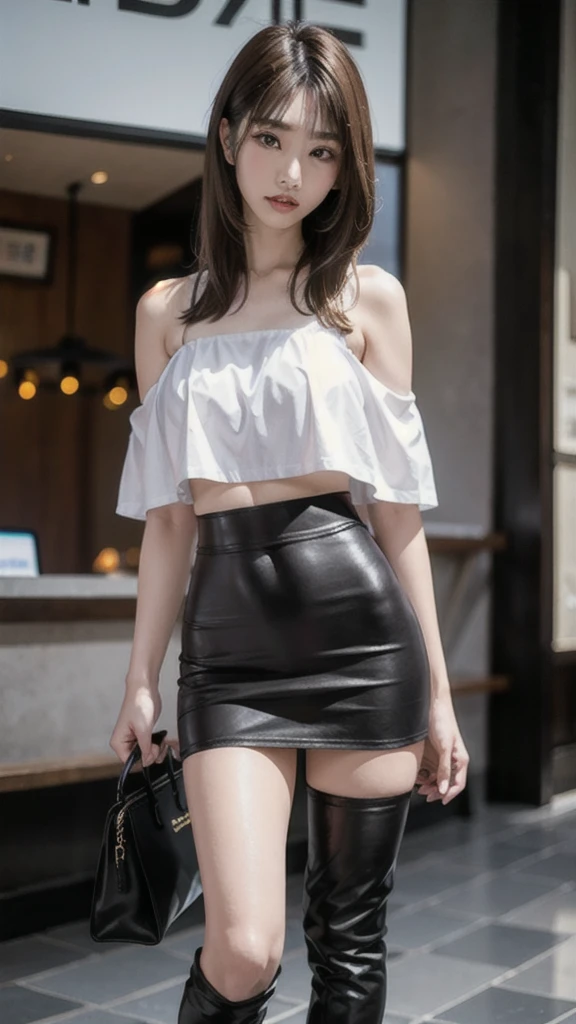 Taiwanese women，Female Model，Slim，Good shape，big breasts，HD， off-shoulder Crop top , leather mini skirt，under knee boots，blond,whole body photo