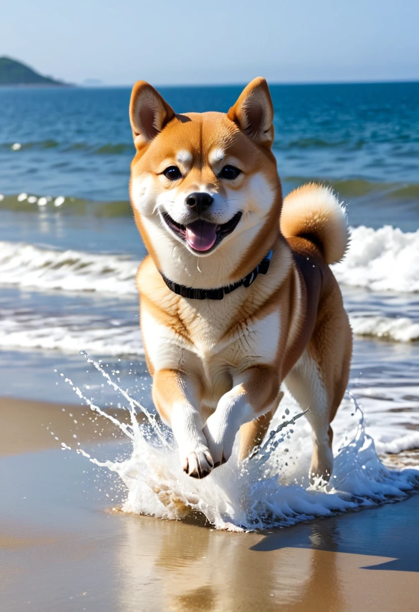 Shiba Inu playing at the beach: Running energetically across the beach、hour々A scene of a Shiba Inu splashing around on the beach。Enjoying the view of the sea、It's heartwarming to see them happy when they find a seashell.。