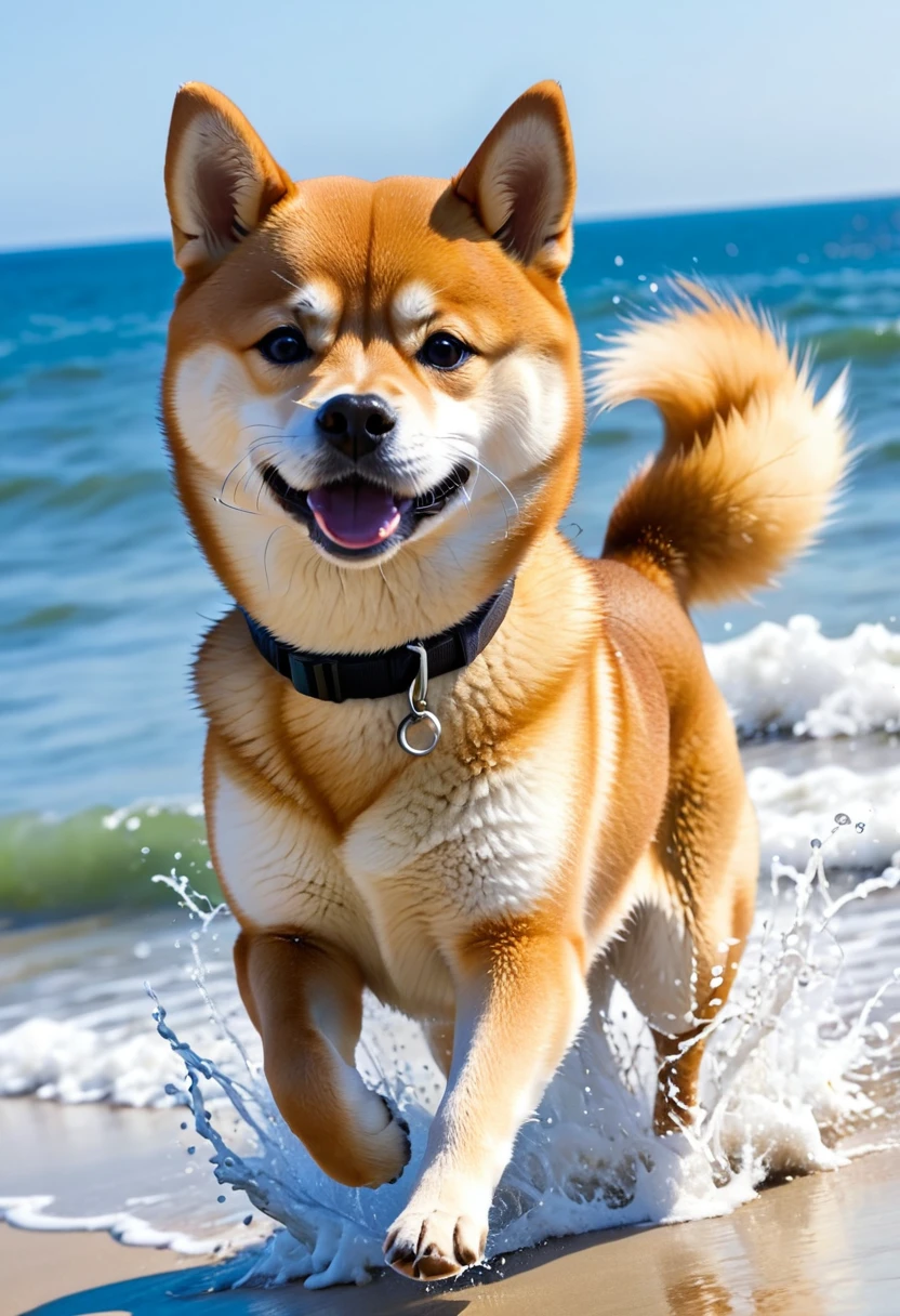 Shiba Inu playing at the beach: Running energetically across the beach、hour々A scene of a Shiba Inu splashing around on the beach。Enjoying the view of the sea、It's heartwarming to see them happy when they find a seashell.。