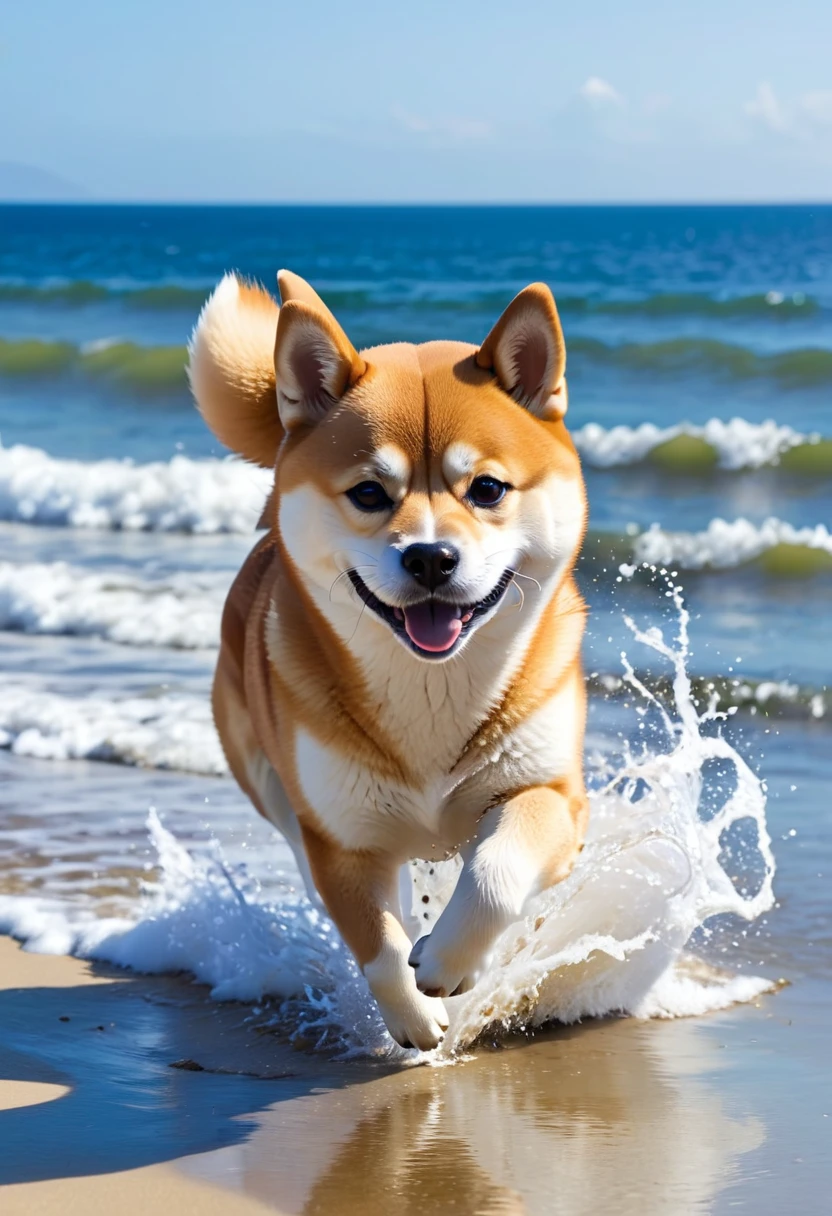 Shiba Inu playing at the beach: Running energetically across the beach、hour々A scene of a Shiba Inu splashing around on the beach。Enjoying the view of the sea、It's heartwarming to see them happy when they find a seashell.。