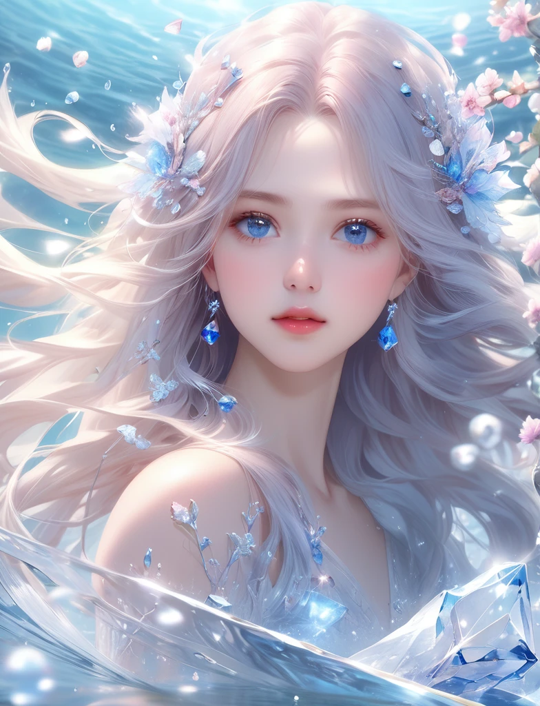 (masterpiece,Highest quality:1.5),masterpiece, Highest quality, Official Art, Very detailed CG 8K 壁紙, (Fluttering petals) (Detailed ice) , crystal texture skin, Cold look, ((Fox Ears)), Gray Hair, Long Hair, Messy Hair, blue eyes, View your viewers, Very delicate and beautiful, water, ((Detailed eye of beauty)), Very detailed, Cinema Lighting, ((Beautiful Face), fine water surface, (Original Portraits), Super detailed, Incredibly detailed, (an Very delicate and beautiful), Beautiful Eyes, Upper Body，whole body，Eye details, mysterious，手に小さなwater晶玉を持つ