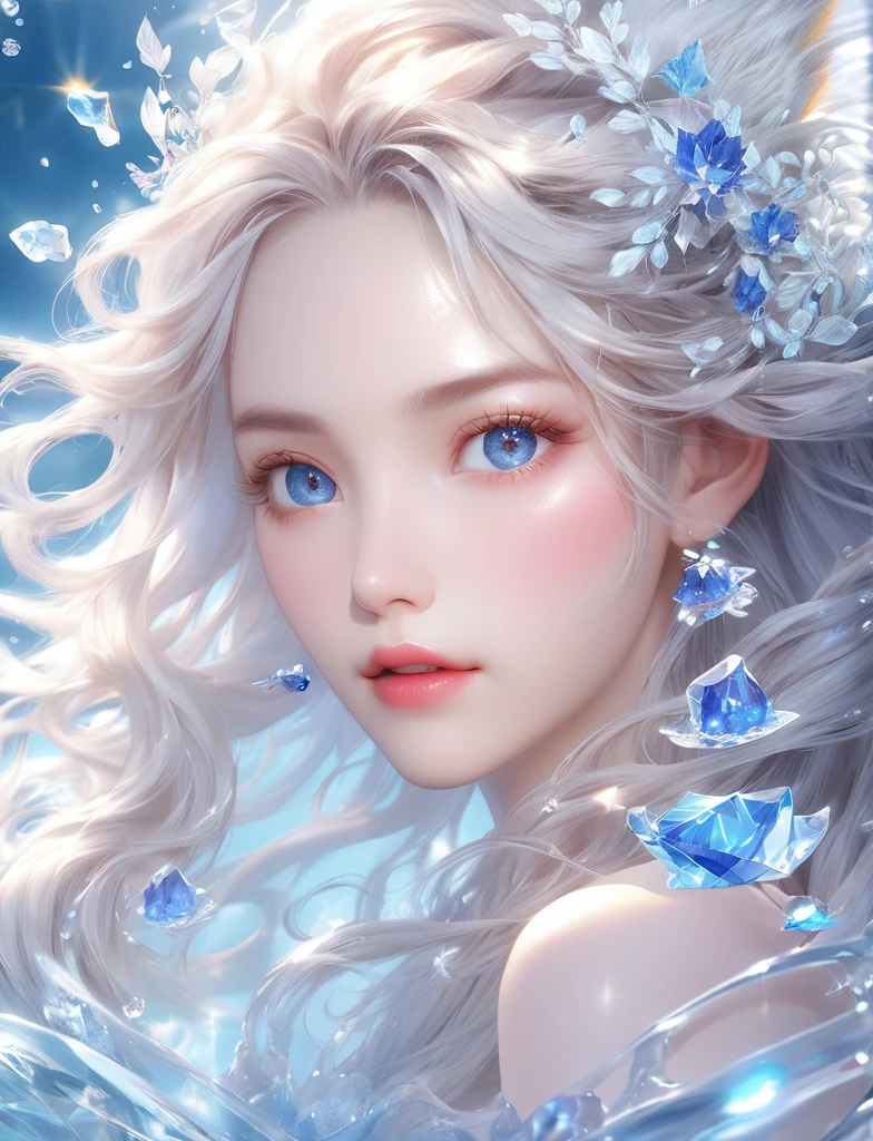 (masterpiece,Highest quality:1.5),masterpiece, Highest quality, Official Art, Very detailed CG 8K 壁紙, (Fluttering petals) (Detailed ice) , crystal texture skin, Cold look, ((Fox Ears)), Gray Hair, Long Hair, Messy Hair, blue eyes, View your viewers, Very delicate and beautiful, water, ((Detailed eye of beauty)), Very detailed, Cinema Lighting, ((Beautiful Face), fine water surface, (Original Portraits), Super detailed, Incredibly detailed, (an Very delicate and beautiful), Beautiful Eyes, Upper Body,whole body,Eye details, mysterious,手に小さなwater晶玉を持つ