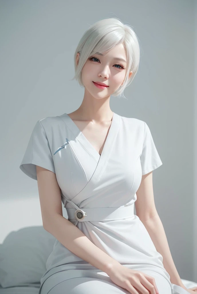 《The role of artificial intelligence》。（（（virtual character design：cardiologist。woman，20 years old，short white hair，exquisite face，Beautiful makeup，skin details，smile）））。（（white technology nurse））。((The details are extremely realistic.)), illumination, light and shadow, Octane rendering, 8K, Super sharp,complex, Accessory details,atmosphere