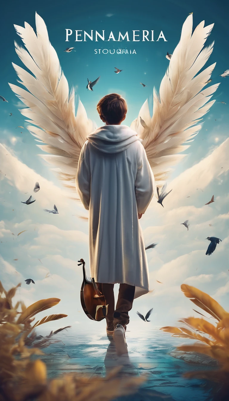 Create a professional, fantastic, cinematic dream-like Youtube Banner for a brand about music, stories, fantasy and dreams called " Penamemoria". Masterpiece, 4k, sharp focus, highest quality,wide shot. The title is " Penamemoria". Is a brand about the creative, unique journey of a boy into becoming a musician storyteller. In his journey he finds inspiration in a world of birds and feathers. Minimalistic, simple, poetic, dreamy logotype at the center of the image. The Background image is a world full of fantastic feathers, unique birds, light blue sky, soft white and light golden. Logo design of a face of a boy and a face of a feather
