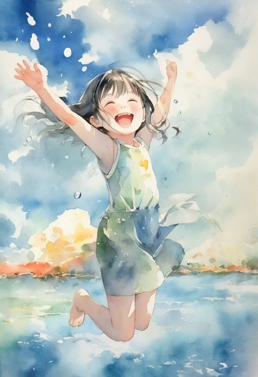 (A girl wearing a school swimsuit),Smiling and spreading his arms、Pool、Pool開き、Scattering water、water droplets、Blue sky background、White cumulonimbus clouds fly in the sky、high quality,masterpiece、watercolor、Kanna Hashimoto、