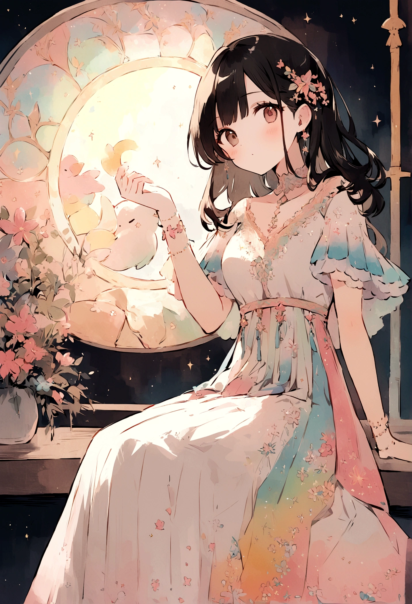 flirty,Starlit Spectacular,Starlit Pathway,Moonlight Falls,prism len,prism lens,a cute gal,pastelcolor illustration drawn with a warm and delicate touch,Ethereal  character, black hair,sitting , She wears a traditional colorful dress with delicate, vivid embroidery and lace,