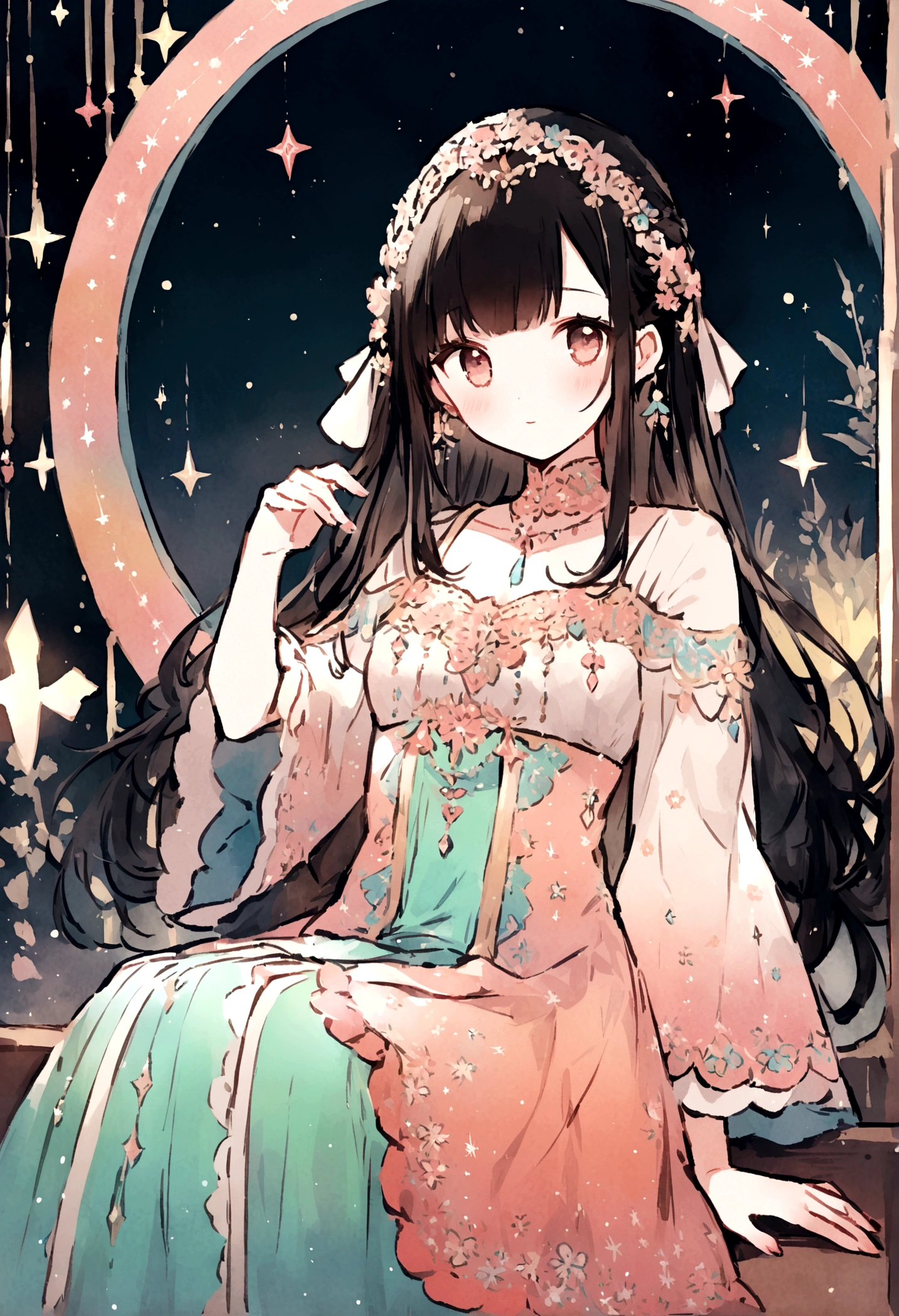 flirty,Starlit Spectacular,Starlit Pathway,Moonlight Falls,prism len,prism lens,a cute gal,pastelcolor illustration drawn with a warm and delicate touch,Ethereal  character, black hair,sitting , She wears a traditional colorful dress with delicate, vivid embroidery and lace,