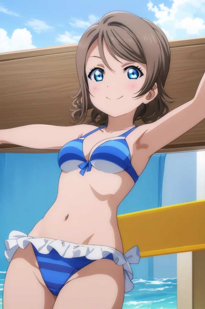 (((pixel-perfect, detail-perfect))), solo, 1girl, you watanabe, eyes azzur, smile, bikini, summer beach, armpit, big filesize, ultra High Qality